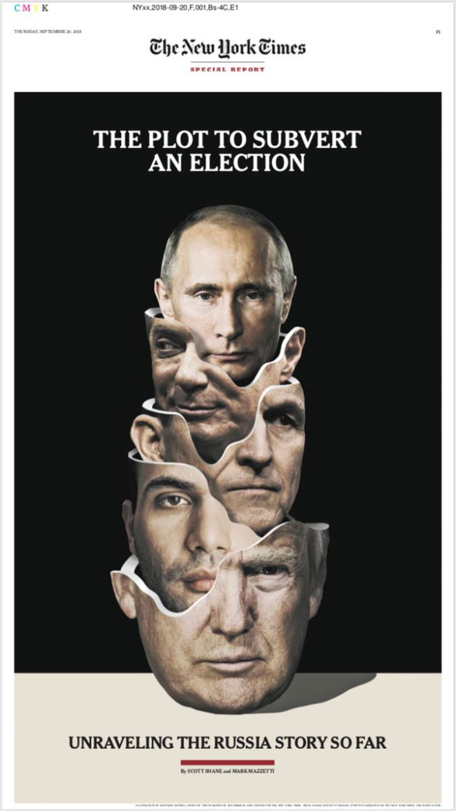 ה''ניו יורק טיימס'' בעבודה מיוחדת, שמצליחה לא רק לשחק עם גבולות העיצוב האינפוגרפי, אלא גם להעביר מסר על המסכות שמוסרות / ספטמבר 2018, איור: Matthieu Bourel, צילומים:the Kremlin, Eric Thayer 