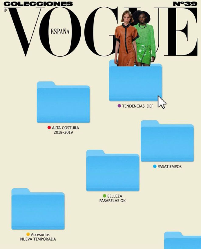 מהדורה מיוחדת של Vogue Espana הוקדשה לשבועות האופנה בפריז, ניו יורק, לונדון ומילאנו. השער עוצב כדסקטופ של עורכי המגזין, עם תיקיות לפי נושאים / ספטמבר 2018, מנהל אמנותי: oscar germade