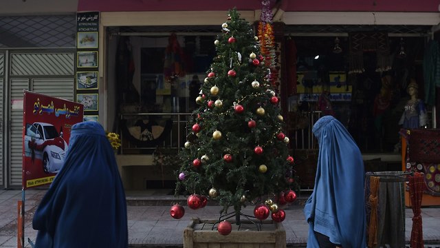 חג המולד נשים בבורקות חולפות על פני עץ אשוח בקאבול, אפגניסטן (צילום: AFP)