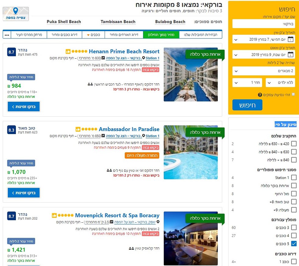 מחירי המלונות באתר בוקינג (מתוך Booking.com)