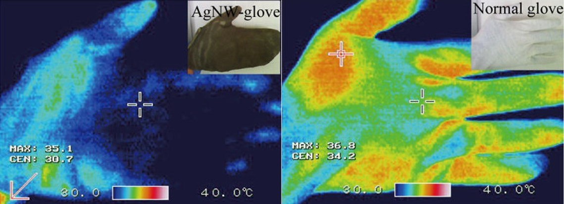פליטת החום מכפפה רגילה (מימין) לעומת פליטה פחותה מהכפפה המצופה (צילום: האגודה האמריקאית לכימיה, ACS)