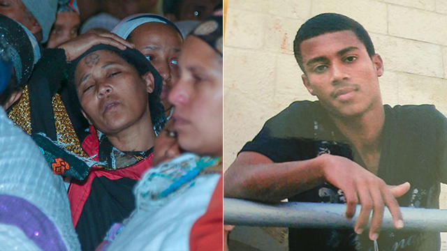 Yehuda Biadga, who was shot by the police on Friday, right; Yehuda's mother during the funeral, left (Photo: Yariv Katz)