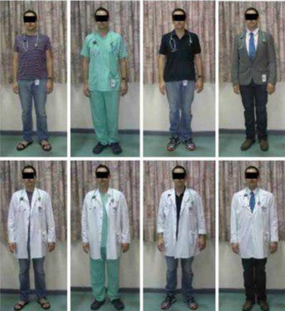 Типы одежды врача, участвующие в опросе: простой (джинсы, майка, сандалии), спецодежда больницы (больничная форма), спортивный, официальный
