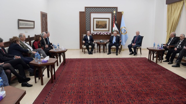 Israeli executives during a meeting with Palestinian President Mahmoud Abbas  in his Ramallah office