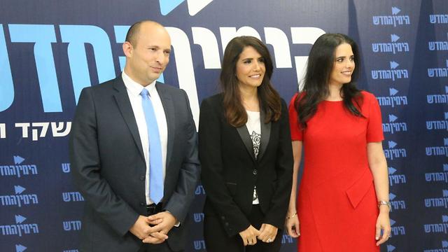 New Right leaders Naftali Bennett and Ayelet Shaked present new member Alona Barkat (center) (Photo: Motti Kimchi)