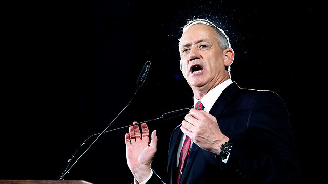 Gantz presenting his final list of candidates for the Knesset at the Tel Aviv Fairgrounds ahead of the April elections, February 19, 2019. 