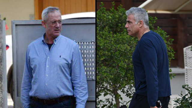 Benny Gantz (left) and Yair Lapid make separate arrivals and exits to their secret meeting (Photos: Yair Sagi)