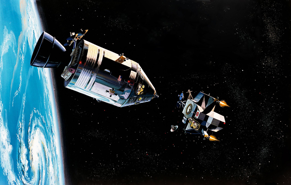 הדמיה של משימת אפולו 9: רכב הנחיתה (מימין) חובר לרכב הפיקוד והשירות במסלול סביב כדור הארץ (צילום: נאס"א)