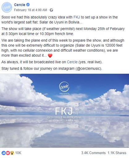 הפוסט שלפני ההופעה (מתוך עמוד הפייסבוק: ‏‎Cercle Music‎‏)
