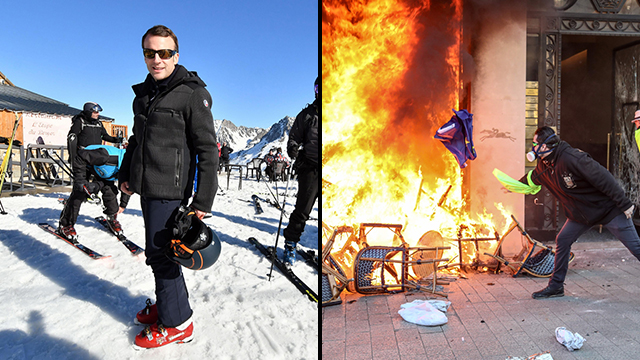 צרפת הפגנה פריז מחאת נשיא צרפת עמנואל מקרון בחופשת סקי (צילום: AFP)