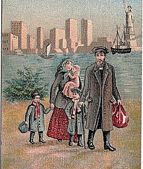 משפחת מהגרים יהודית מגיעה לאליס איילנד, כשברקע קו הרקיע של ניו-יורק כפי שהיה בתחילת המאה הקודמת (אוסף האפמרה של הספרייה הלאומית)  (באדיבות הספרייה הלאומית)