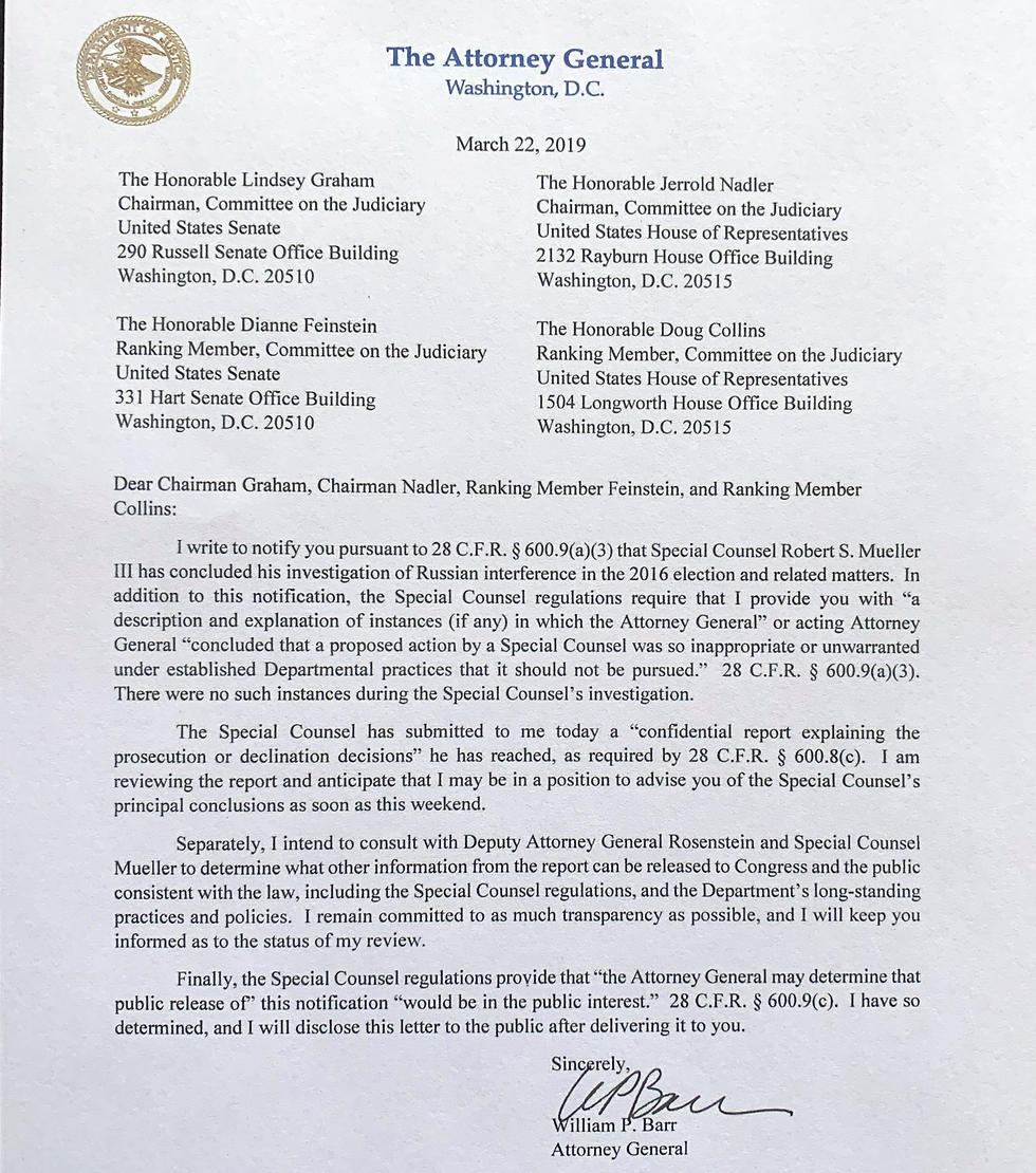 המכתב שהעביר התובע הכללי לחברי הקונגרס (צילום: AP)