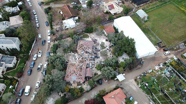 Drone footage of home struck Mon morning (Photo: Yair Sagi)
