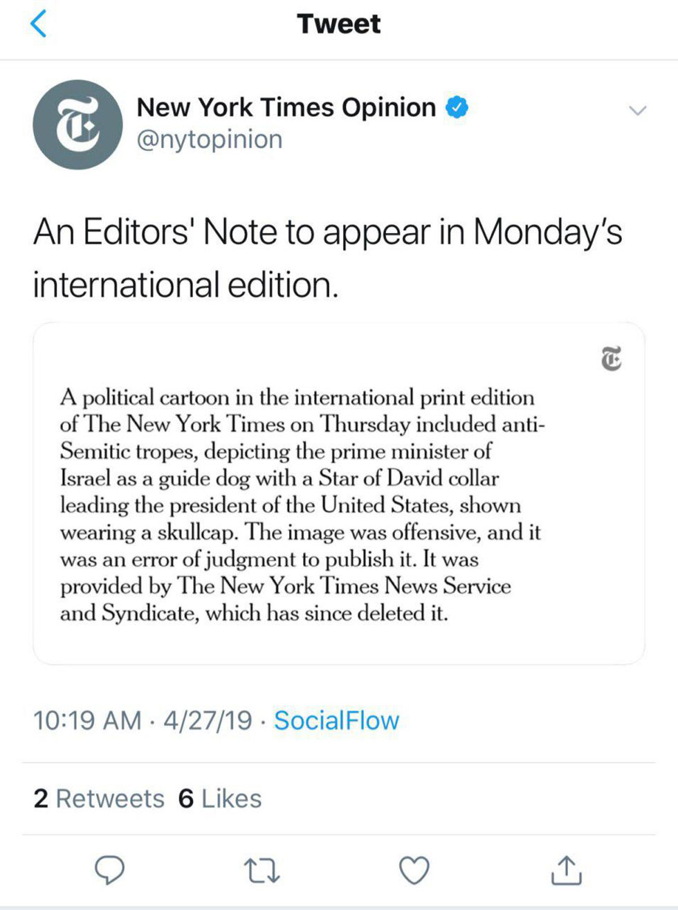 הודעת ההתנצלות של הניו יורק טיימס על הקריקטורה האנטישמית ()