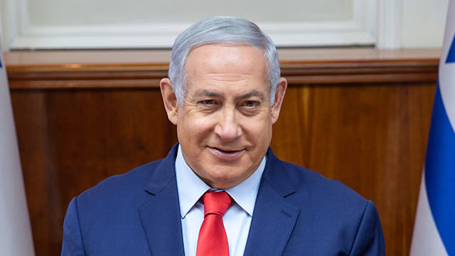 Prime Minister Benjamin Netanyahu at the weekly cabinet meeting (Amil Salman)