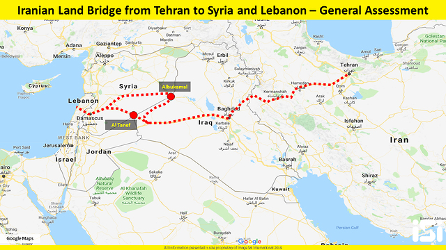 מפה מפות התבססות אירן גבול סוריה עיראק בניית גשר יבשתי   (צילום: ImageSat International)