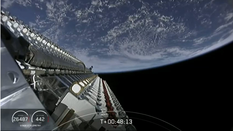 60 הלוויינים לפני השחרור, מצולמים מתוך הפאלקון. ברקע כדור הארץ.  (צילום: SpaceX )