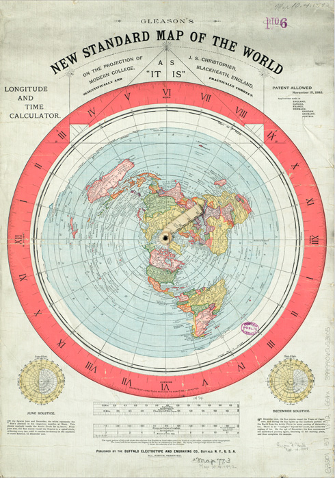 מפה מ-1892, של ''אגודת העולם השטוח'' בארה''ב (מפה: מתוך ויקיפדיה Alexander Gleason, cc)