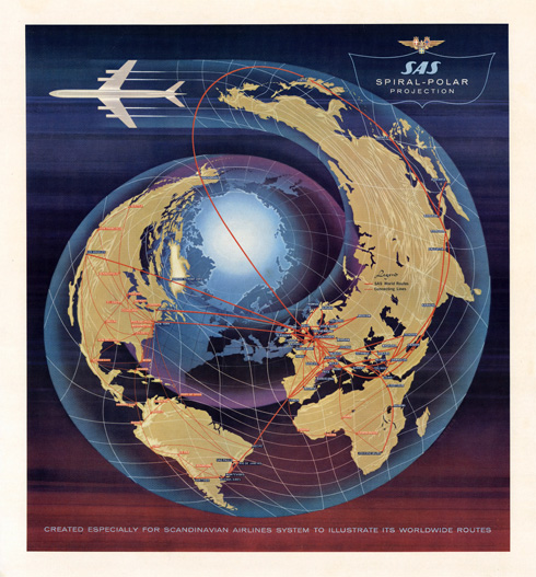 המפה של ''סקנדינביה איירליינס'' מ-1960 מציגה תפיסה רומנטית ויהירה של עולם שקל להקיף (מפה: מתוך scandinavian airlines)