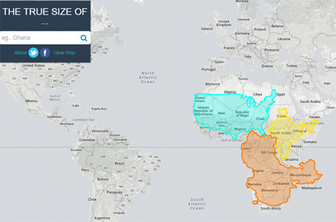 הגודל האמיתי: אתר שמראה, באמצעות גרירת העכבר, את גודלן האמיתי של מדינות ויבשות, ומבטל את העיוות המוכר שלפיו, למשל, אפריקה קטנה מארה''ב (מפה: מתוך the true size)