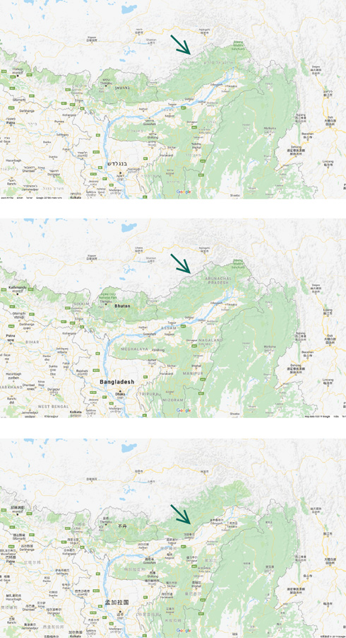 3 הגרסאות של גוגל לגבול בצפון הודו: לגולשים בסין האזור נקרא דרום טיבט, ומי שגולש מהודו רואה את ''ארונצ'ל פרדש''. יתר העולם רואה אזור ''תחת מחלוקת'' (מפה: מתוך google maps)