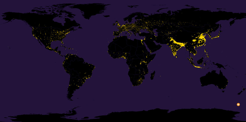 מוכיח נקודה: במפה הזו מ-2016 מראה מקס גלקה כיצד מחצית מאוכלוסיית העולם גרה באחוז אחד משטחו (מפה: מתוך Max Galka)