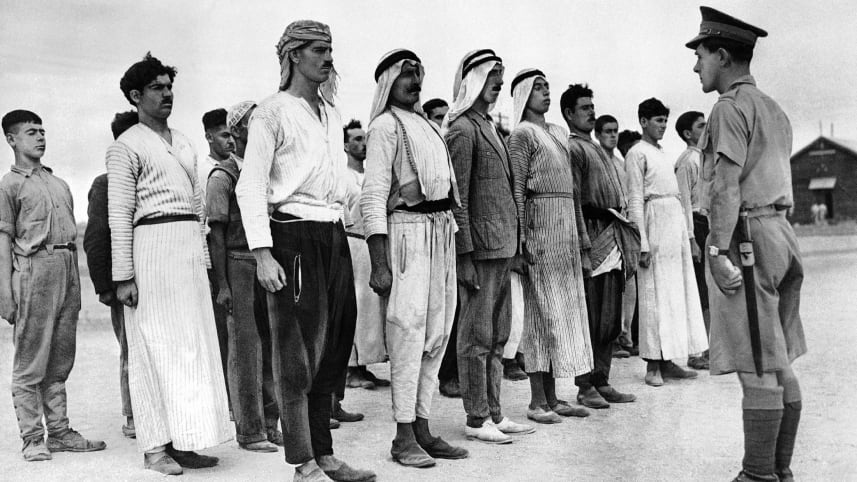 Arab new recruits line up for a British army drill in Mandatory Palestine, December 28, 1940 (Photo: AP)
