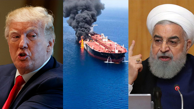 Президент США, горящий нефтяной танкер и президент Ирана. Фото: AP, EPA