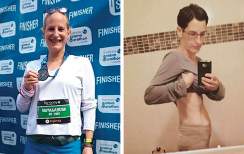 מימין: מאיה במשקל 39 לפני הניתוח, משמאל: אחרי ריצת חצי מרתון בג'נבה (צילום: אלבום פרטי)
