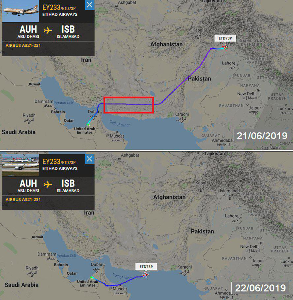 איתיחאד איירווייז לא טסים מעל איראן (צילום: flightradar24)