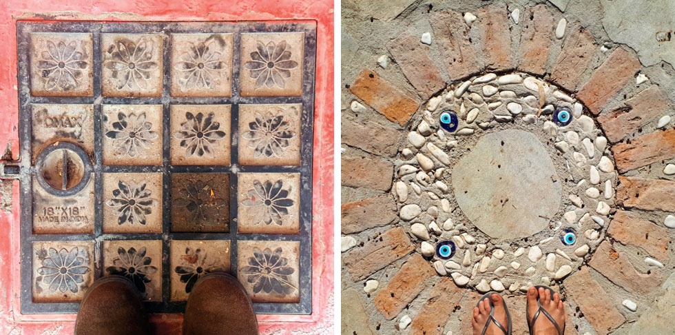 מימין: מכסה ימין משובץ אבנים נגד עין הרע בטורקיה, משמאל: מכסה ביוב מרובע מעוטר בפרחים ומשבצות בצפון הודו (צילום: טל יצחקי-לפלר)