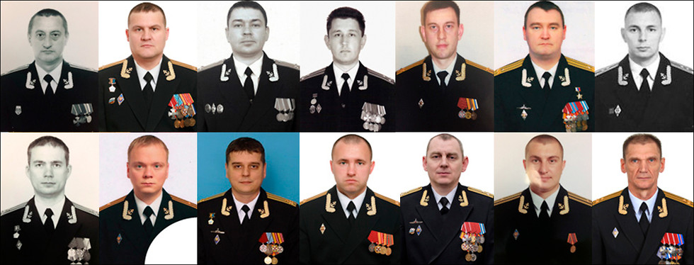 תמונות אנשי הצוות שנספו באסון הצוללת בים ברנץ, אותן פרסם משרד ההגנה הרוסי ()