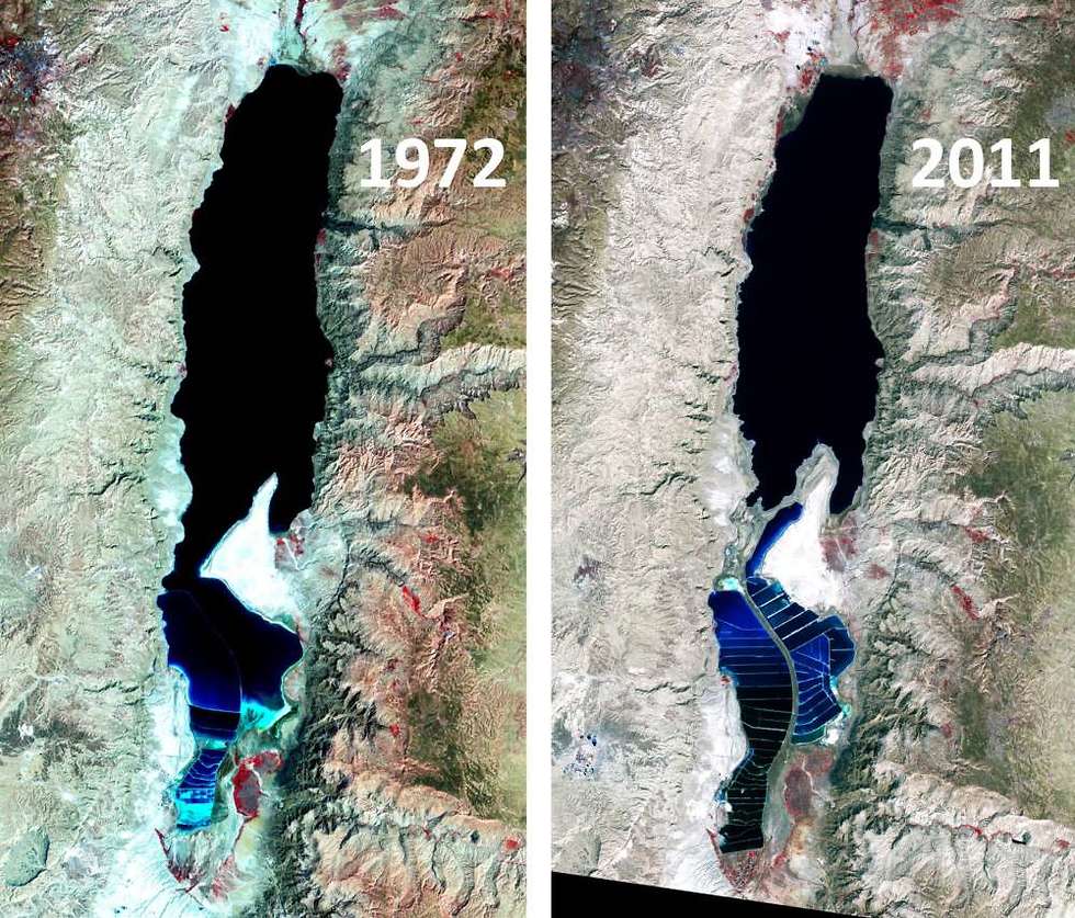 Мертвое море в 1972 и в 2011 году. Спутниковая съемка: NASA
