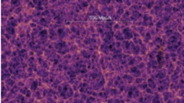  המארג הקוסמי כפי שנראה בהדמיית מחשב. החומר ביקום (שרובו אפל) מתפלג במבנה של רשת דמוית קורי עכביש. החומר זורם לאורך הקורים אל נקודות הצומת שבהן נוצרות הגלקסיות (נקודות בהירות). (צילום: מתוך המחקר)