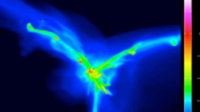  תמונת תקריב מהדמית מחשב של שלושה זרמי גז קר (ירוק) הזורמים מהמארג הקוסמי אל גלקסיה (אדום וצהוב). (צילום: מתוך המחקר)