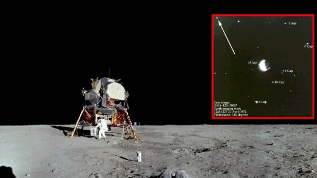 שמיים שחורים בצילום של אפולו 11, אך כוכבים נראים היטב בצילום על-סגול בחשיפה ארוכה (במסגרת)  (צילום: נאס