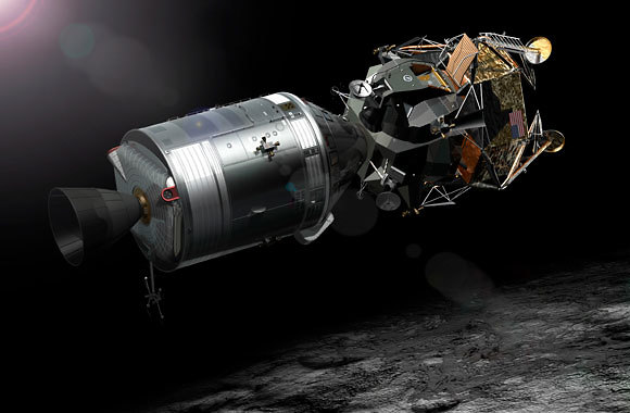 טיסה מחוברת. הדמיה של רכב הפיקוד והשירות "קולומביה" מחובר לרכב הנחיתה "עיט" במסלול סביב הירח  (צילום: נאס"א)
