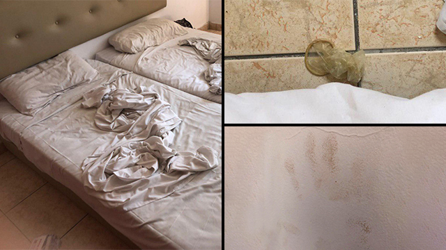 Номер 723 в отеле Pambos: смятая постель, презерватив на полу, отпечатки рук на стенах
