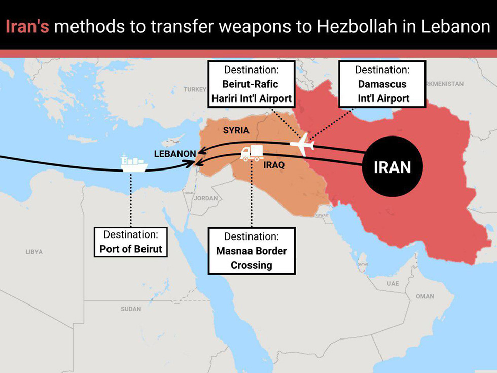 Карта переправки вооружений из Ирана в Ливан Хизбалле