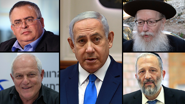 Clockwise from top left: David Bitan, Benjamin Netanyahu, Yaakov Litzman, Aryeh Deri and Haim Katz (Photos: Ohad Zwigenberg, Amit Shabi, Alex Kolomoisky and Avi Moalem)