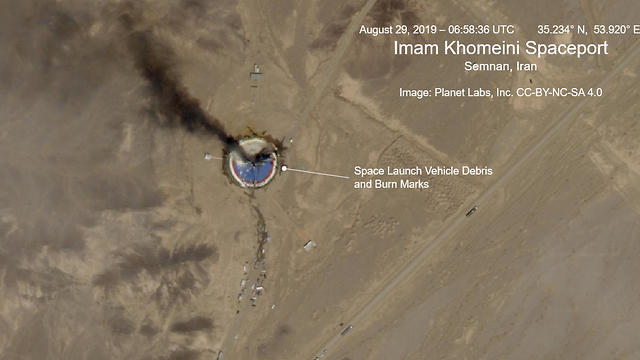 This satellite image from Planet Labs shows a fire at a rocket launch pad at the Imam Khomeini Space Center in Iran (Photo: Planet Labs INC)