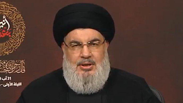 Hezbollah leader Hassan Nasrallah speaking Saturday night