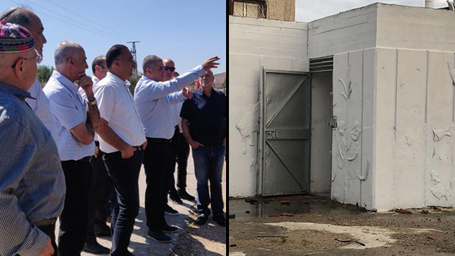 Local leaders in northerm Israel, left; a bomb shelter on Moshav Avivim close to the Lebanon border, right (Photo: Matte Asher Regional Council)