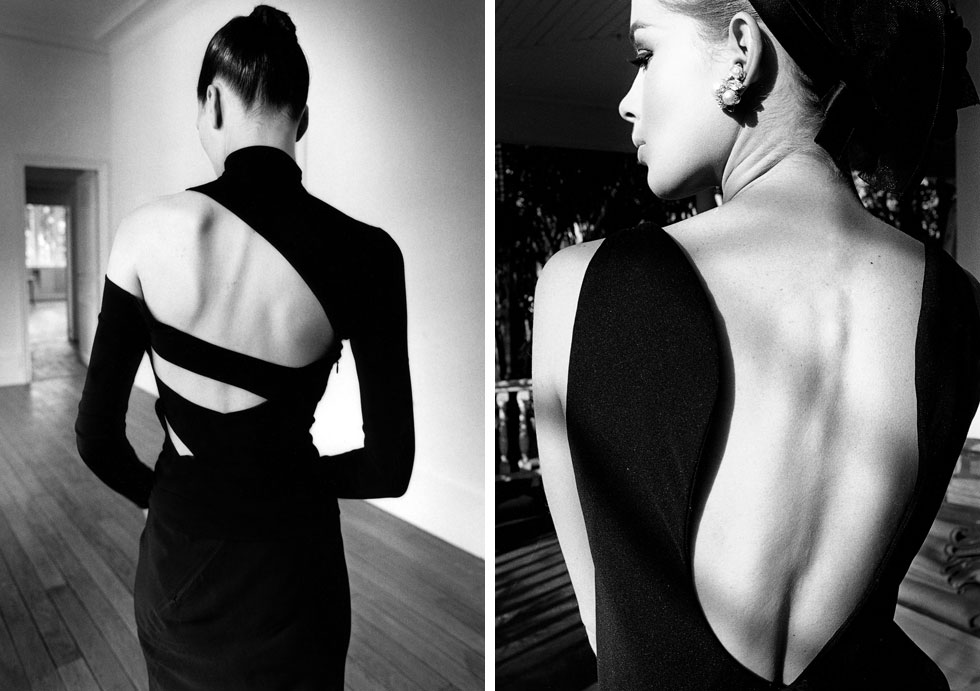 מימין: שמלה של ביל בלאס למוריס רנטנט בהרפר'ס בזאר, 1964. משמאל: חולצה וחצאית של מרטין סיטבון במגזין ניו יורק, 1997 (צילום: Estate of Jeanloup Sieff © )