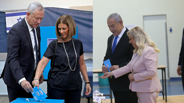 Benny Gantz and his wife, Revital, voting in Rosh HaAyin and Benjamin and Sara Netanyahu voting in Jerusalem on Tuesday (Photos: Alex Kolomoisky, Tal Shahar )