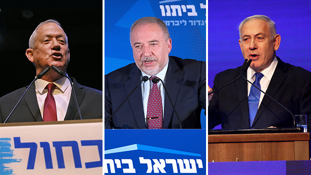 L-R: Benny Gantz, Avigdor Liberman and Benjamin Netanyahu (Photo: AFP, Tal Shahar, EPA)