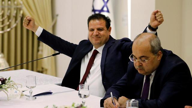 MKs Ayman Odeh and Ahmad Tibi at a meeting with President Reuven Rivlin in Jerusalem (Photo: Reuters)