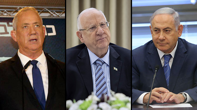 Gantz, Rivlin, Netanyahu (Photo: Alex Kolomoisky, Flash 90)