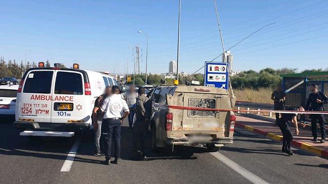 The scene of the suspected terror attack at Maccabin Junction (Photo: Magen David Adom)