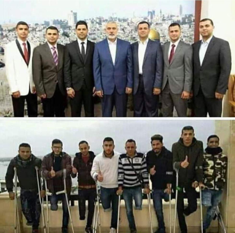Top: Hamas leader Ismail Haniyeh with his six sons. Bottom: Wounded youths paid by Hamas to protest at the Gaza fence